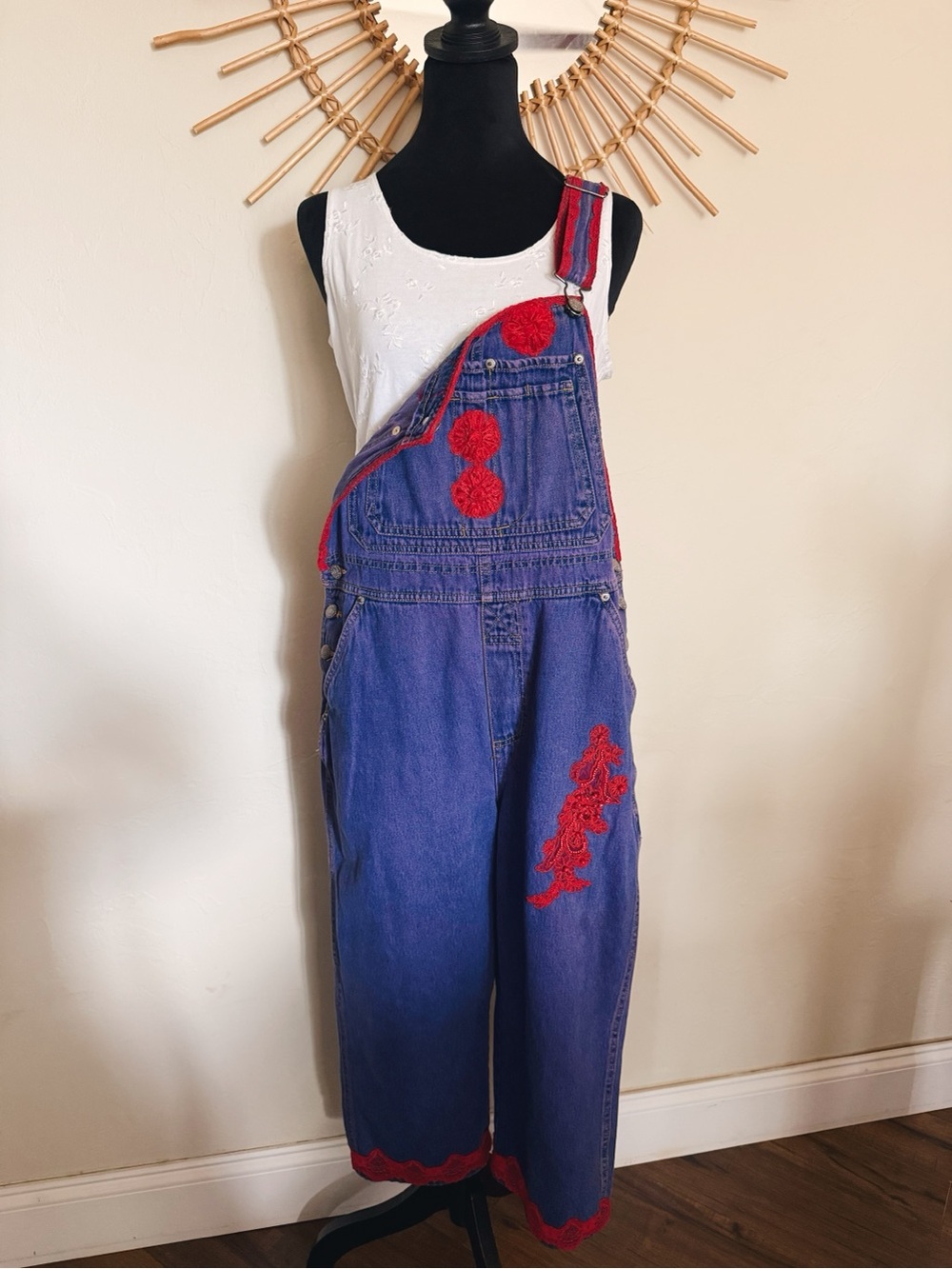 bill blass Blue Denim Overalls with Red Embroidered Accents